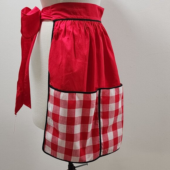 Kay Shannon Apron Red White Check Black Tea Coffee Pot Hand Made Vintage - Picture 4 of 6